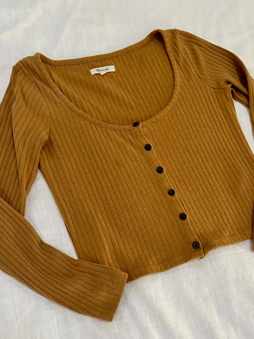 Madewell Ribbed Button Front Crop Top Camel Brown Long Sleeve Size Small